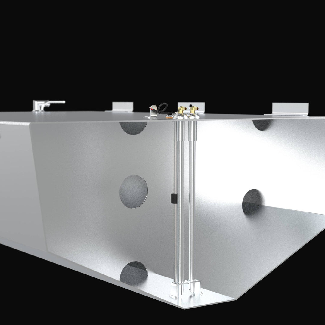 Cross-section cutaway view of a Regulator 34 CC Sport Fisher replacement fuel tank, revealing the internal baffle system with circular flow-through ports and dual heavy-duty fuel pickup tubes. The image highlights the precision TIG-welded .250" marine-grade aluminum construction and specialized V-bottom geometry, engineered for a guaranteed OEM fit and superior fuel stability in high-performance offshore conditions.