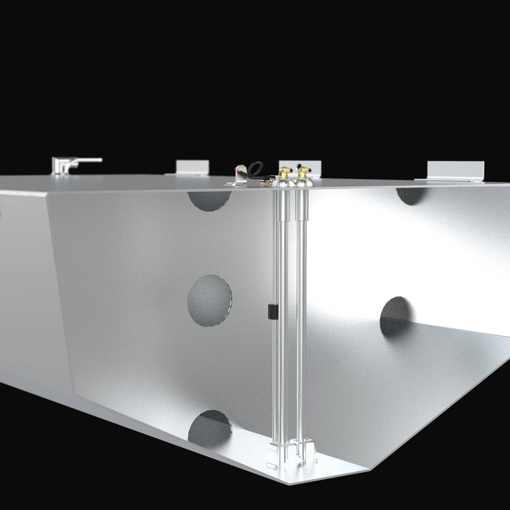 Cross-section cutaway view of a Regulator 34 CC Sport Fisher replacement fuel tank, revealing the internal baffle system with circular flow-through ports and dual heavy-duty fuel pickup tubes. The image highlights the precision TIG-welded .250" marine-grade aluminum construction and specialized V-bottom geometry, engineered for a guaranteed OEM fit and superior fuel stability in high-performance offshore conditions.