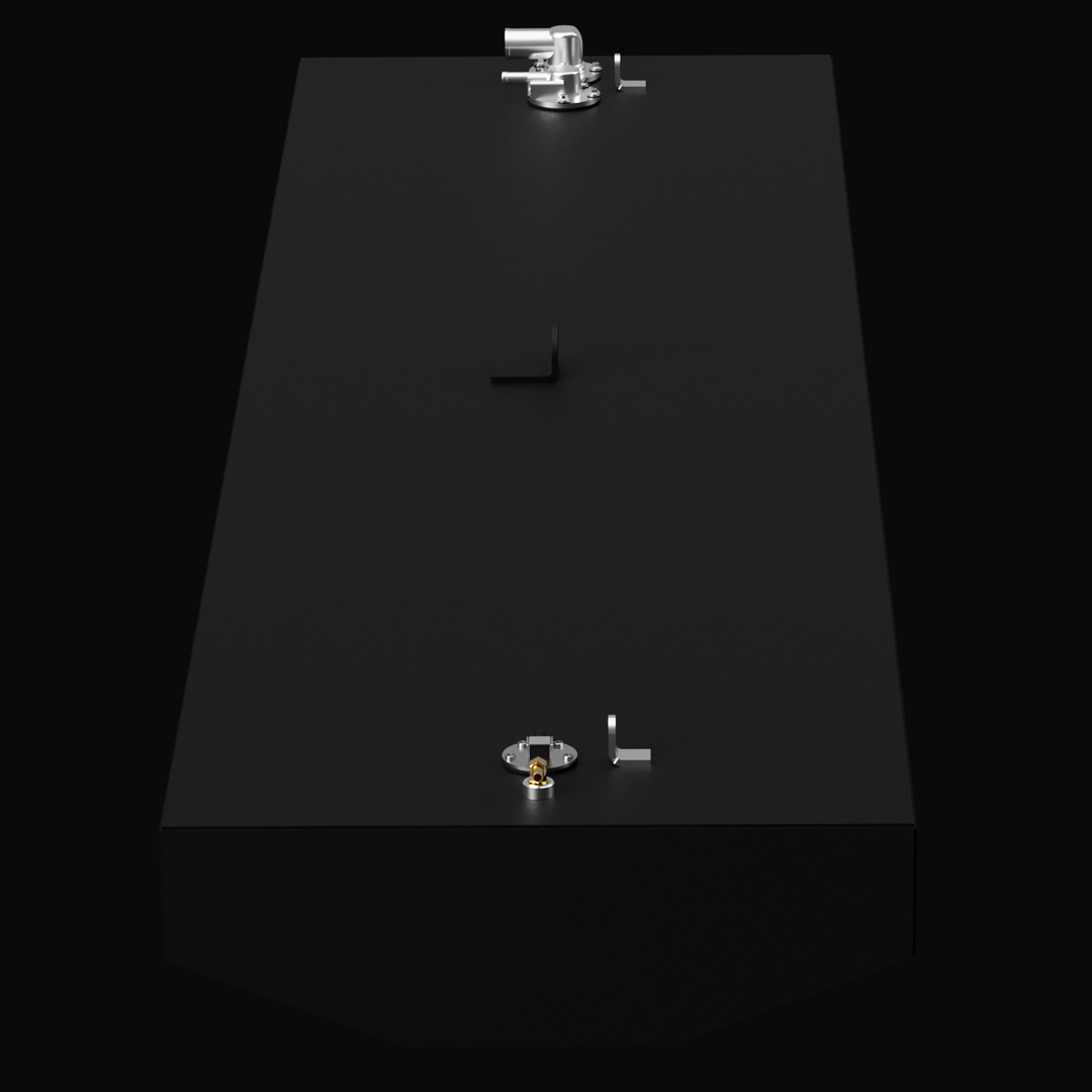 A long, white rectangular fuel tank, viewed from an angle, rendered on a black background. The tank features a large angled cutout on its front edge and has metallic fittings near the front and back of its top surface.