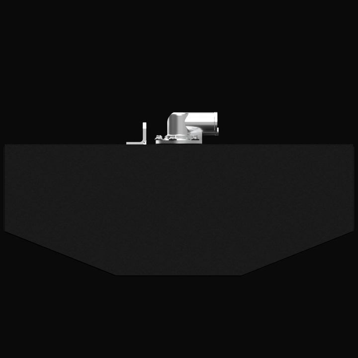 A steep top-down 3D rendering of a long, black rectangular fuel tank on a black background. It shows a large fitting cluster near the back, a small fitting cluster near the front with an L-bracket, and a separate L-bracket in the center."