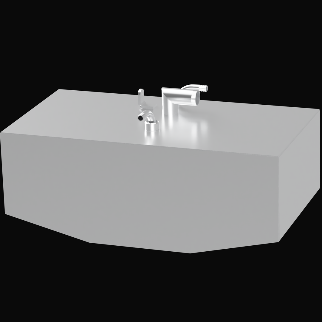 A low-angle side profile view of a long, dark rectangular fuel tank on a black background. A small fitting cluster is visible on the left end of the top edge, and a large fitting cluster is visible on the right end, with a central lifting ring