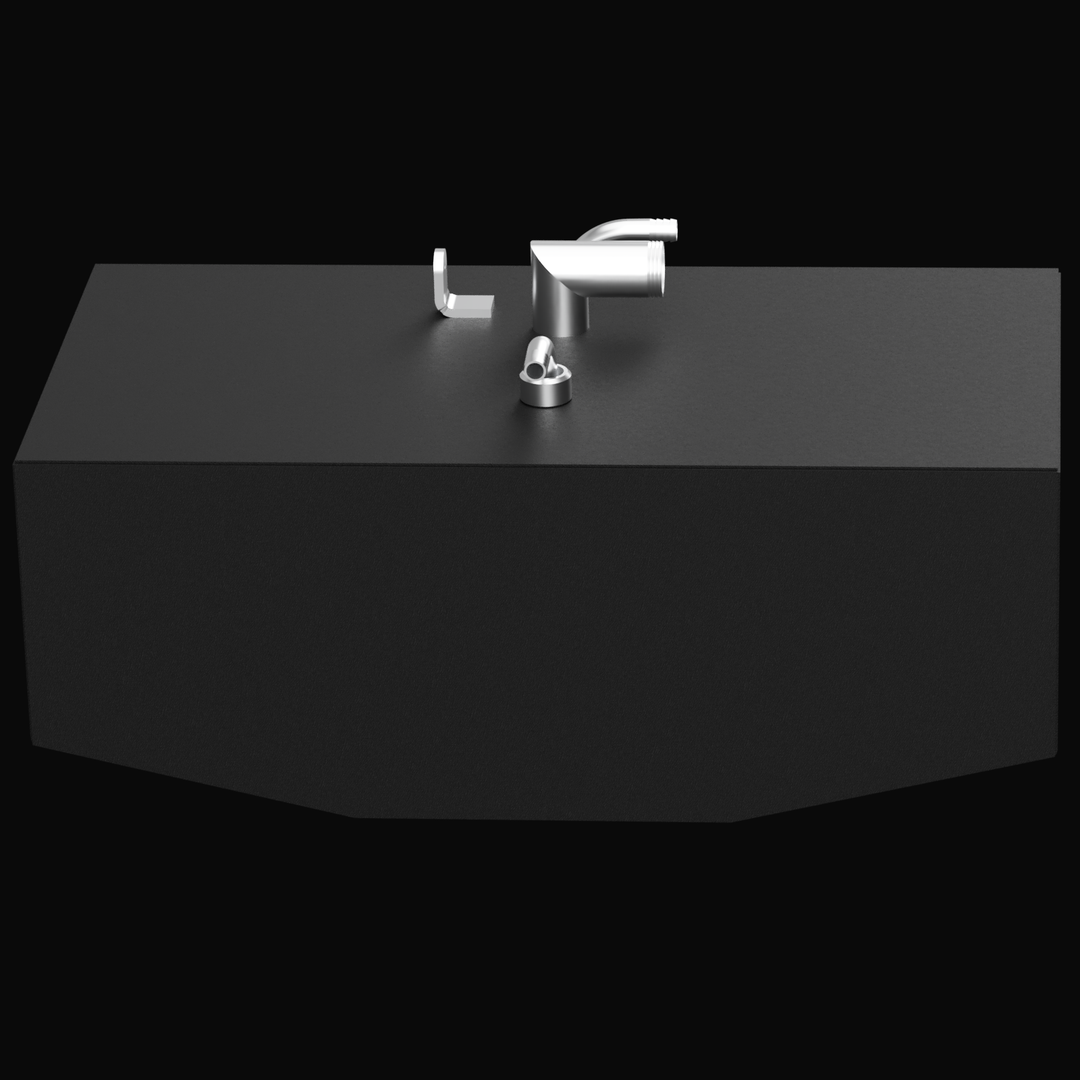 A 3D rendering of a light gray or silver cubic aluminum fuel tank on a black background. Two prominent shiny metallic fittings are visible on the top surface: one curved hose neck and one cylindrical fitting with an elbow.