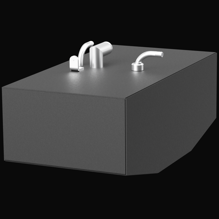 "A 3D rendering of a rectangular, dark gray aluminum fuel tank on a black background. The tank features three shiny metallic fittings on its top surface, including two angled hoses/necks and one cylindrical fitting