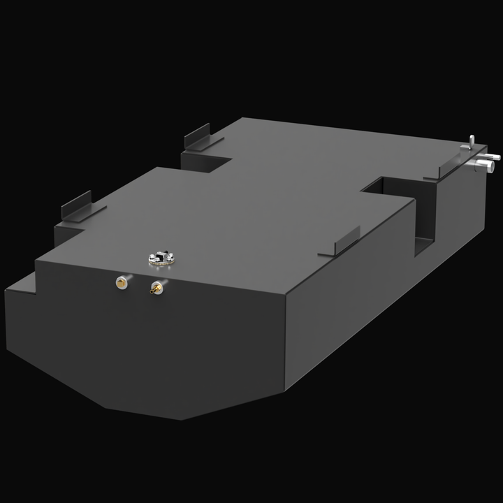 A 3D render of a dark grey boat fuel tank with a complex, stepped, and notched design. The tank features various silver and brass-colored fittings and mounting tabs on its top surface, against a black background.