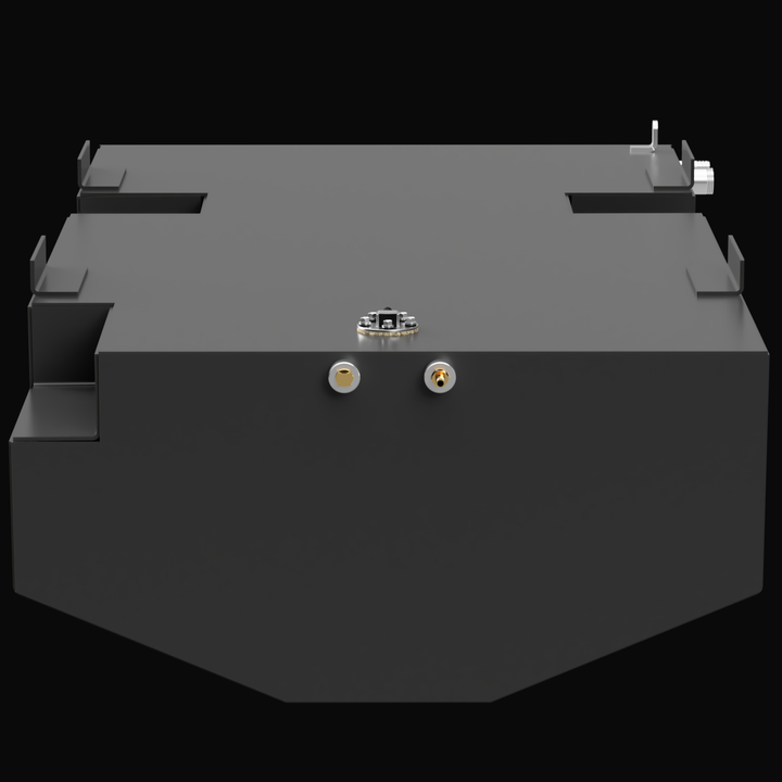 A 3D render showing the front view of a dark grey boat fuel tank with a complex, notched design. The front face features two brass fittings, and the top surface shows a central fitting and multiple mounting tabs, all against a black background.