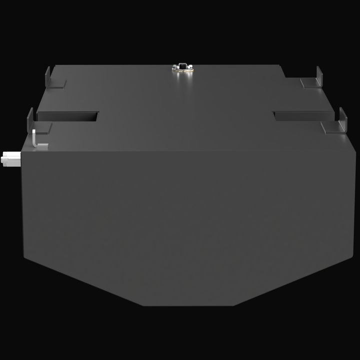 A 3D render showing the rear view of a dark grey boat fuel tank with a complex, notched design. The top surface shows a central silver fitting and mounting tabs, with a white plumbing fitting extending from the rear face, all against a black background.
