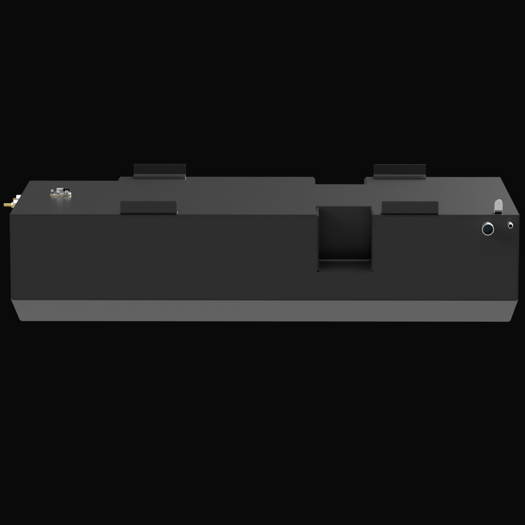 A 3D render showing a long side profile of a dark grey boat fuel tank with a complex, stepped, and notched design featuring a large central vertical cutout. Various fittings and mounting tabs are visible on the top and right side, against a black background.