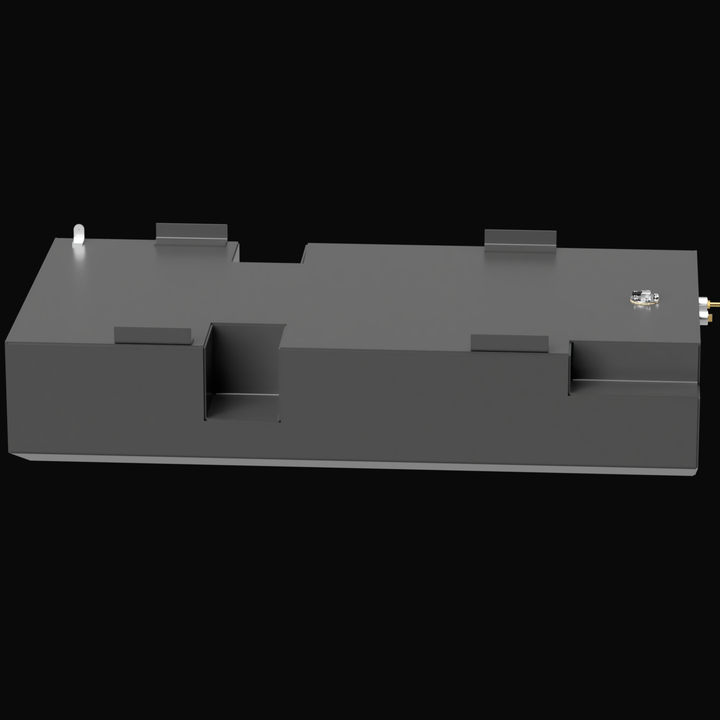 A 3D render showing an angled side profile of a dark grey boat fuel tank with a complex, stepped, and notched design featuring two large central vertical cutouts. Various fittings and mounting tabs are visible on the top surface, against a black background.
