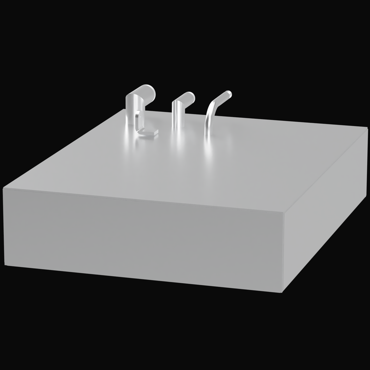 A 3D rendering of a light gray, rectangular, block-shaped tank. Three silver or chrome-colored pipe fittings protrude from the center of the top surface; the one on the left is L-shaped and upright, and the two on the right are curved and angled toward the side. The tank is shown against a black background.