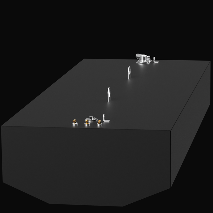 A 3D render of the Renegade 33 310-gallon OEM replacement fuel tank. The large, dark grey tank has faceted corners, two clusters of fittings, and two D-rings visible on its top surface, against a black background.