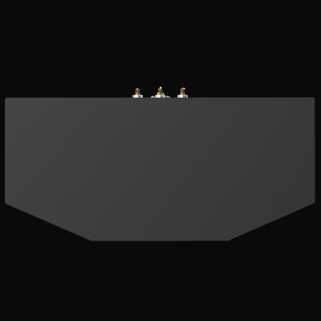 A dark gray, horizontal rectangular object, likely a fluid tank, shown in a straight-on elevation view. The object has tapered bottom corners and three metal fittings protruding from the center top edge, each with a brass-colored cap or sensor