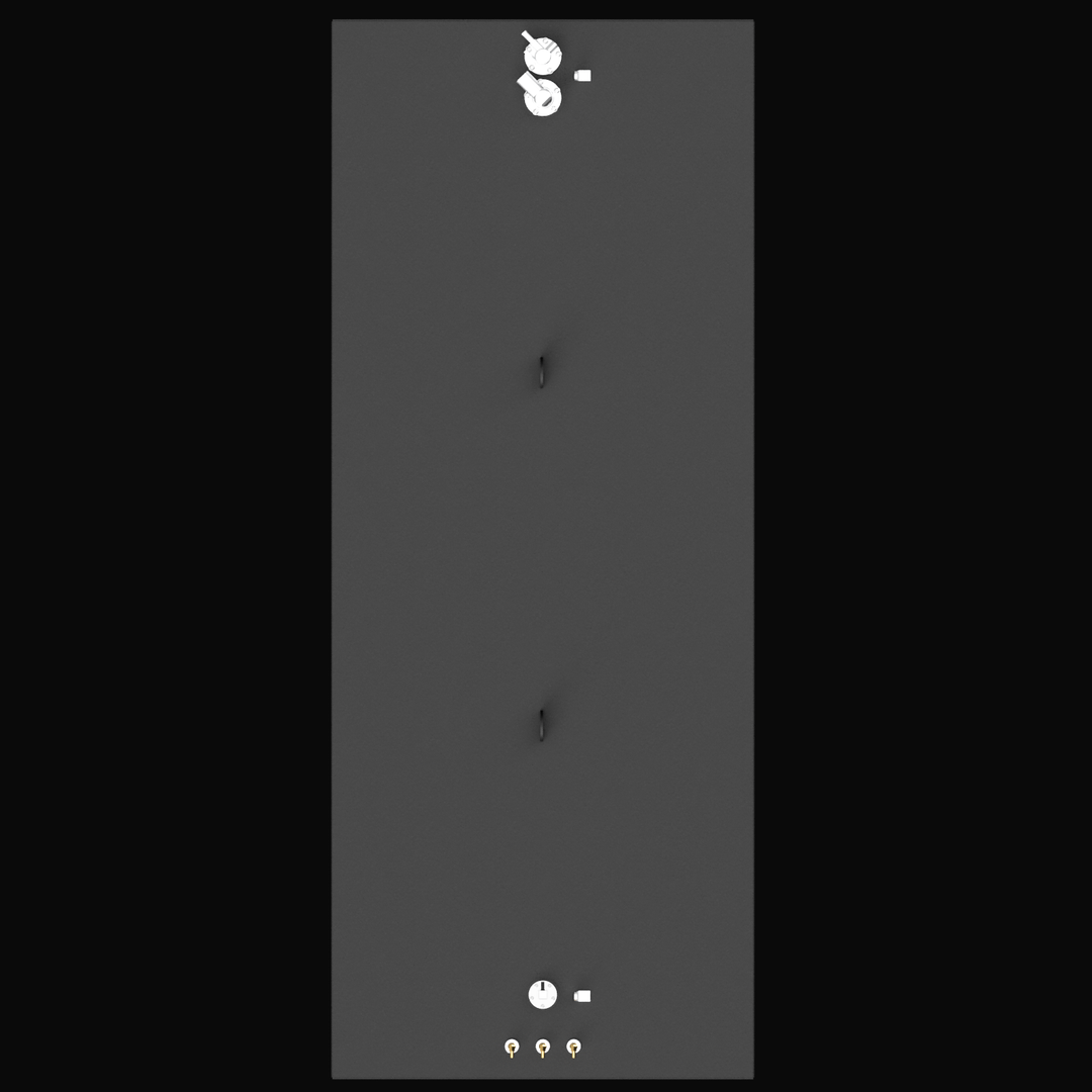 A top-down view of a long, dark gray rectangular object, likely a fluid tank. There are two oblong indentations running vertically down the center. Near the top edge, there are two circular white fittings and one small white square fitting. Near the bottom edge, there is one large circular white fitting, one small white square fitting, and three small circular gold/brass fittings arranged horizontally.