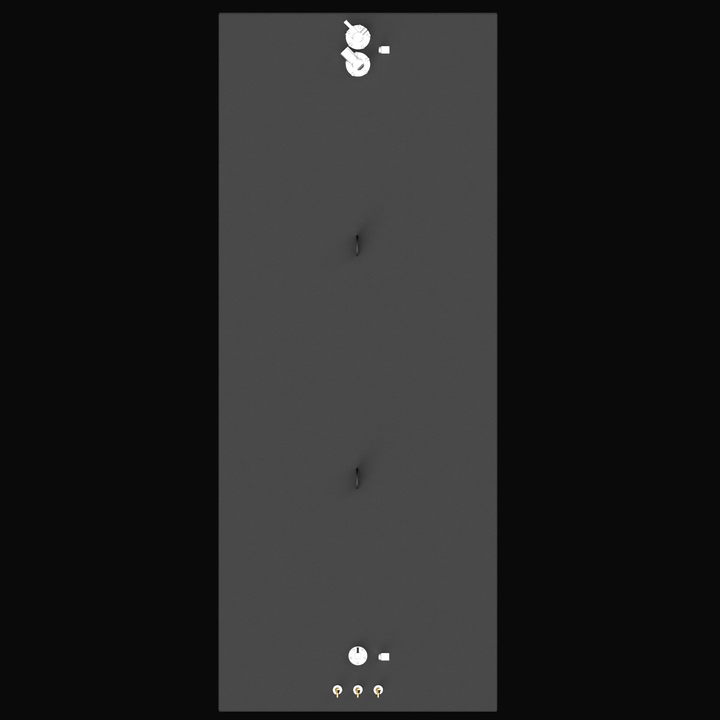 A top-down view of a long, dark gray rectangular object, likely a fluid tank. There are two oblong indentations running vertically down the center. Near the top edge, there are two circular white fittings and one small white square fitting. Near the bottom edge, there is one large circular white fitting, one small white square fitting, and three small circular gold/brass fittings arranged horizontally.