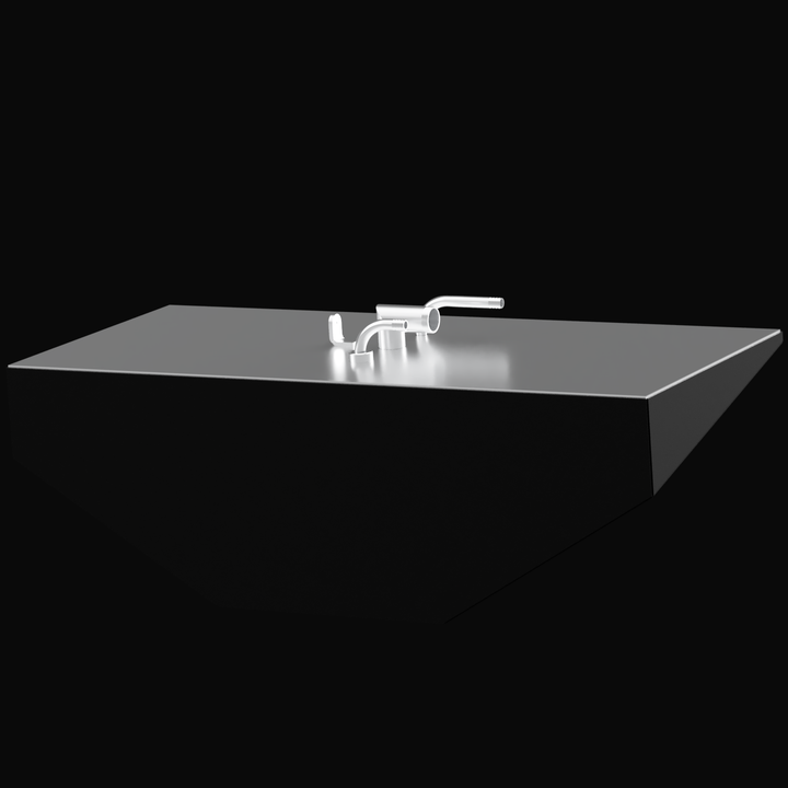  3D rendering of a highly reflective, silvery-gray object, which appears to be the top half of a tank or a rectangular prism, set against a dark or black background. The object has a flat top surface and sloped sides. Three metal pipe fittings are clustered on the top surface near the center: two curved pipes and one L-shaped elbow fitting.
