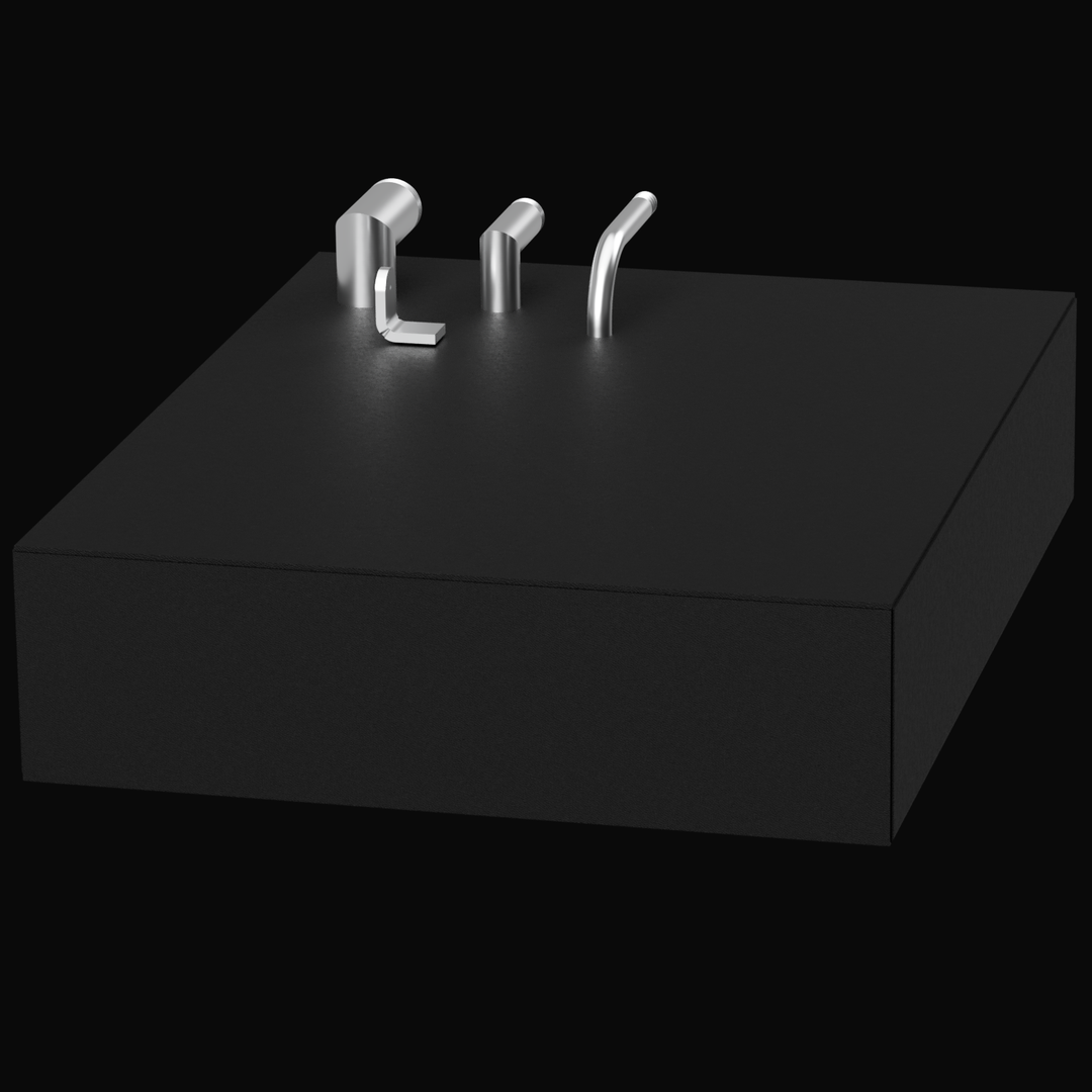 A 3D rendering of a square, dark gray or black rectangular tank, possibly a holding tank, set against a black background. Three silver or chrome-colored pipe fittings protrude from the center of the top surface. From left to right, the fittings are: one L-shaped, upright fitting; one short, curved fitting; and one taller, curved fitting.A 3D rendering of a square, dark gray or black rectangular tank, possibly a holding tank, set against a black background. Three silver or chrome-colored pipe fittings protru