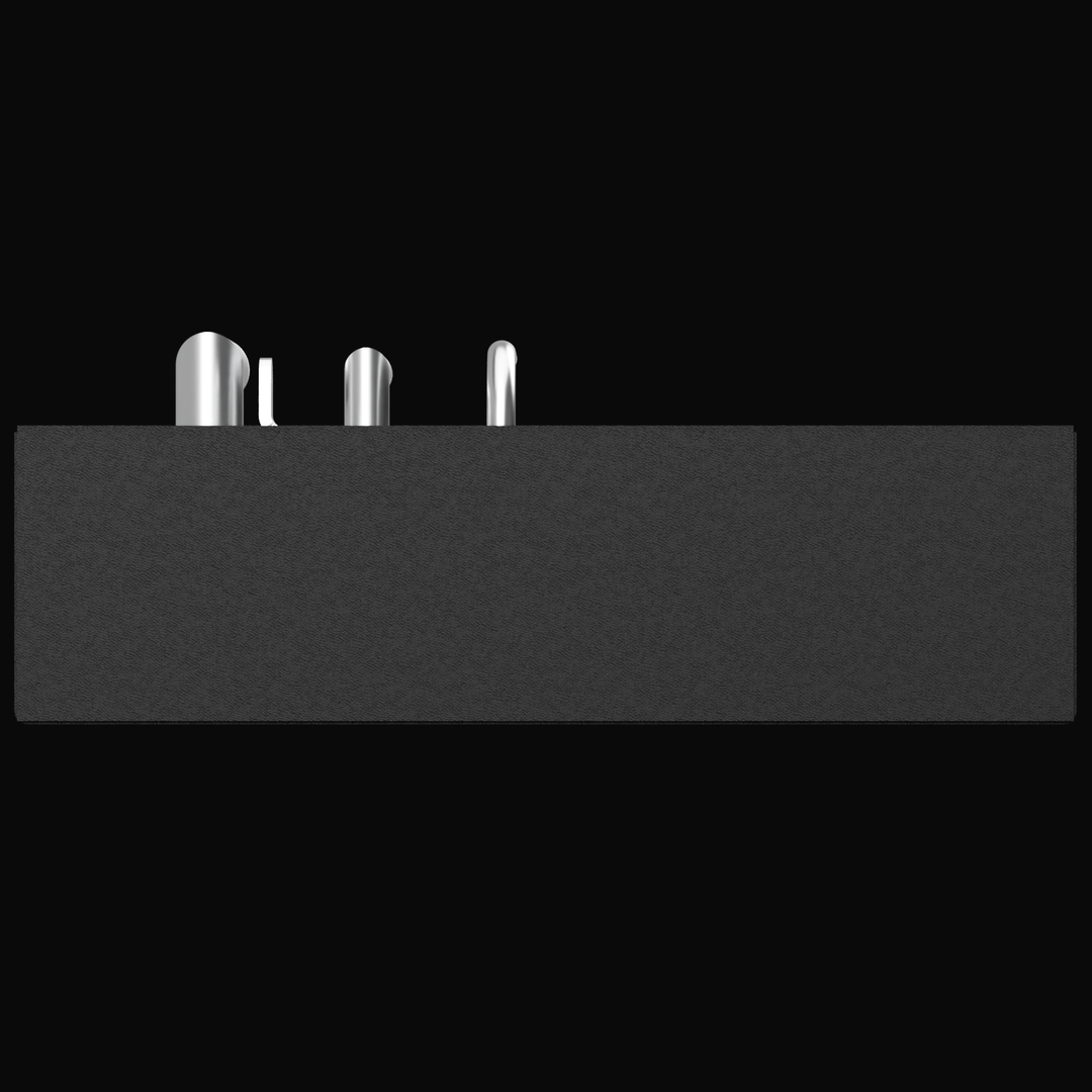 A side elevation view of a dark gray, rectangular tank. Three silver or chrome-colored pipe fittings are protruding from the top edge near the left side. The fittings appear to be different heights and shapes: the leftmost one is tall and curved, the middle one is L-shaped, and the rightmost one is a short, curved pipe. The tank is shown against a black background.