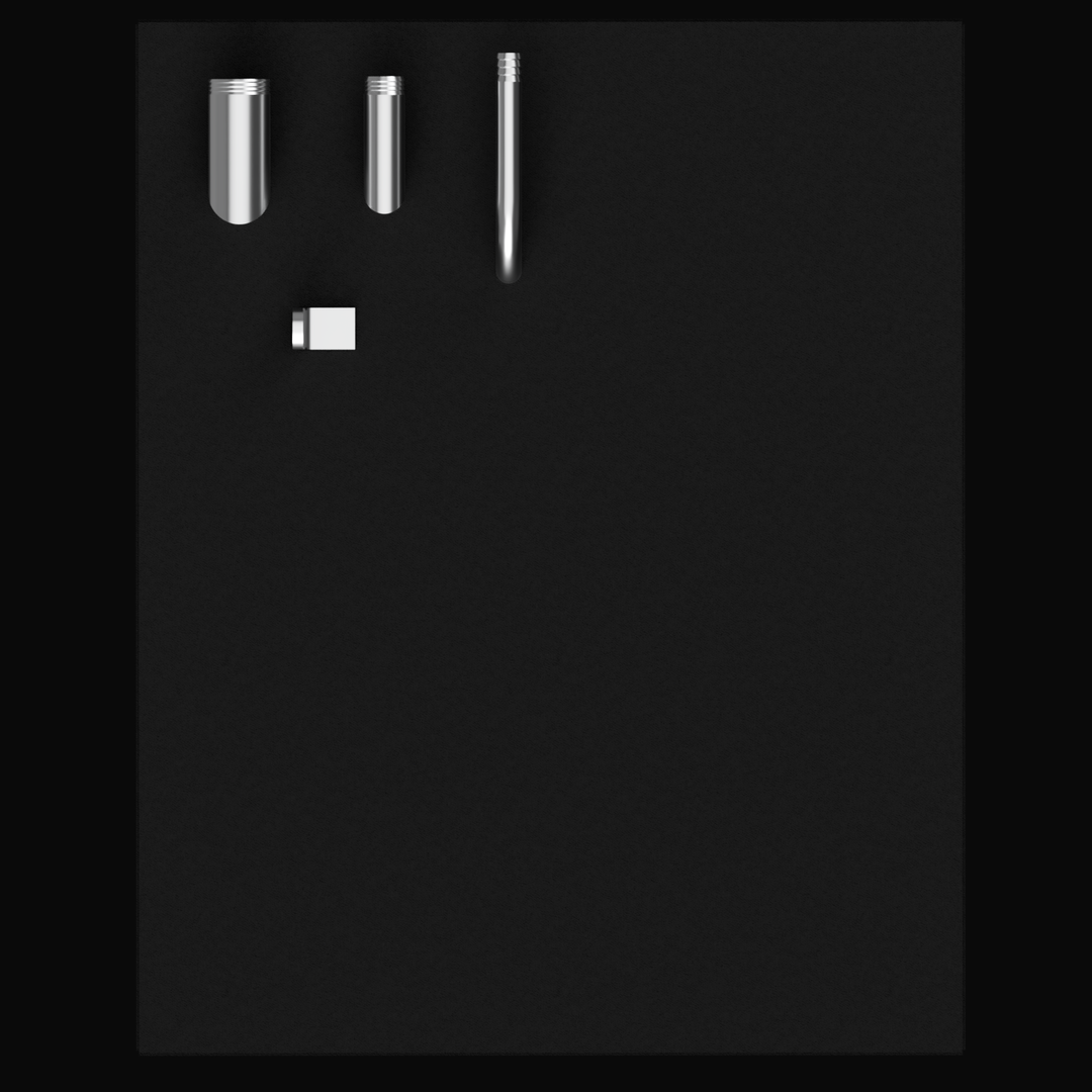 A collection of four silver metal fittings or components displayed on a solid dark gray or black background. In the top row from left to right are: a wide, short cylindrical pipe with internal threading; a thinner, shorter cylindrical pipe with external threading; and a long, slender, cylindrical rod with a rounded, tapered end, possibly a sensor. Below and slightly to the left of the center is a small, rectangular block-shaped fitting.