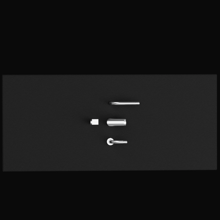 A collection of four silver metal fittings or components arranged in a vertical column on a dark gray or black background. The top item is a long, slender rod with a rounded tip. The middle row contains two items side-by-side: a small, white or silver rectangular block fitting on the left, and a short, wide cylindrical coupling on the right. The bottom item is a small, curved pipe fitting.