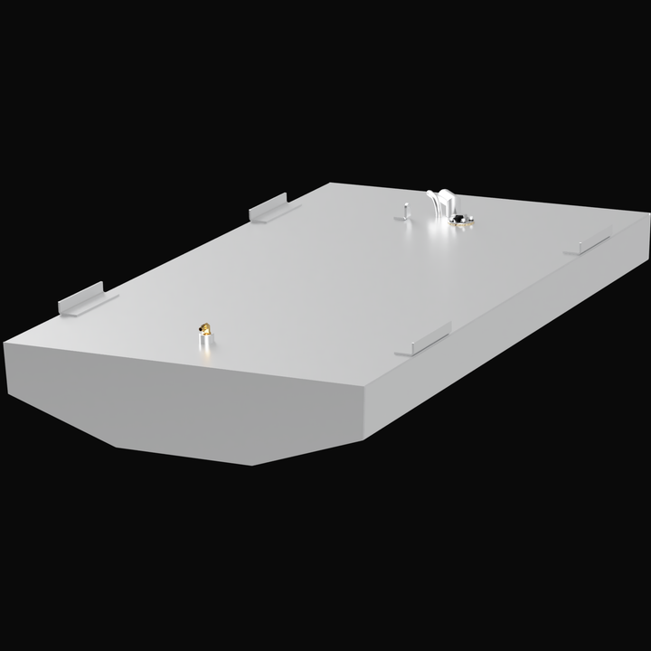 An angled, top-down 3D render of a Robalo CC 77-gallon OEM replacement fuel tank, showing the light grey tank's fittings and mounting tabs against a black background.