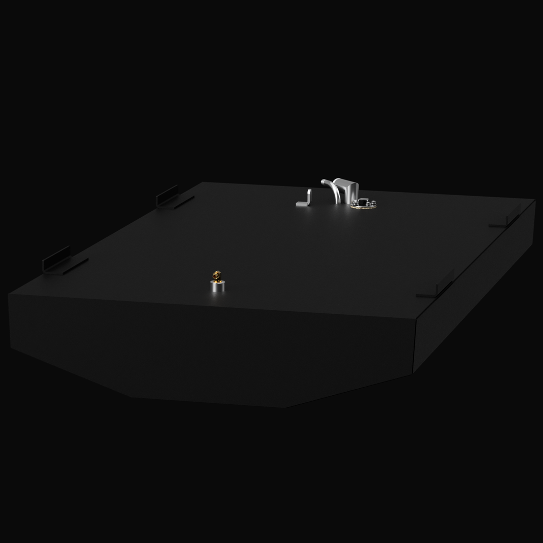 A 3D render showing an angled, top-down view of a dark grey boat fuel tank, highlighting its brass and silver-colored fittings and four mounting tabs on the top surface, against a black background.