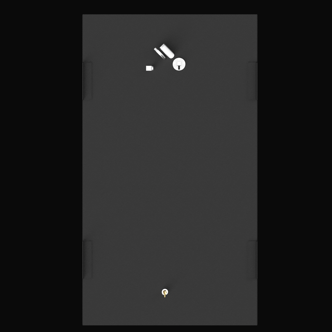 A direct top-down 3D render of a dark grey boat fuel tank, showing its silver and brass-colored fittings and four mounting tabs, isolated against a black background.