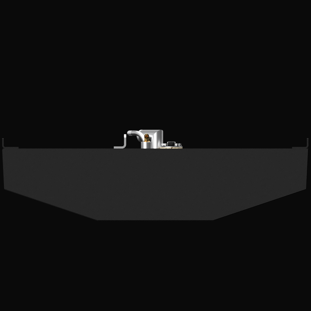 A 3D render showing the profile of a dark grey boat fuel tank with a V-shaped bottom, highlighting the silver and brass-colored fittings on top, against a black background.