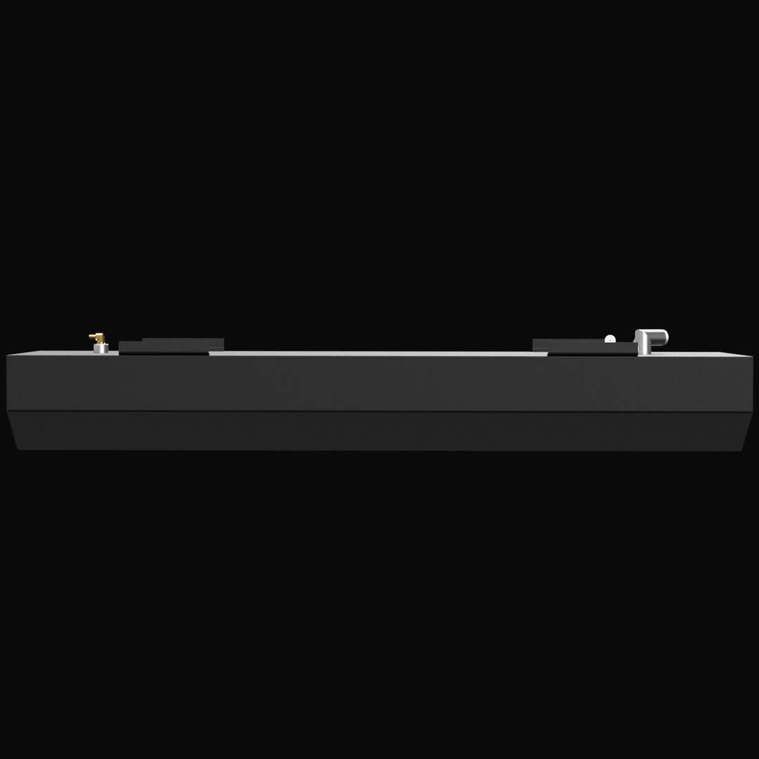 A 3D render showing a long side profile of a dark grey boat fuel tank, with fittings and mounting pads visible on the top surface, against a black background.