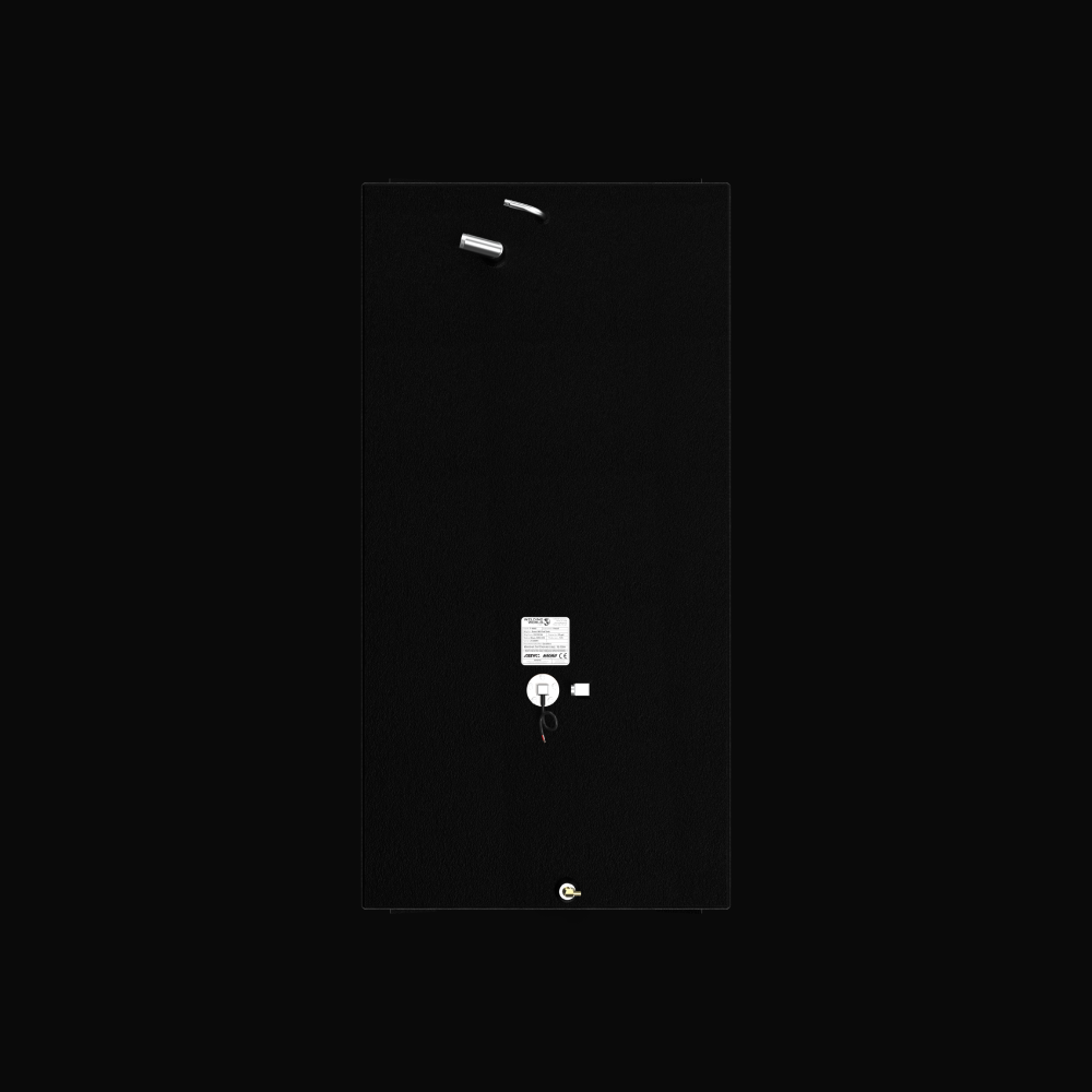 A studio top-down flat-lay view showcasing the upper deck surface, factory fittings layout, and official compliance specification label of a finished, black TarGard epoxy-coated Scout 185 replacement marine fuel tank (55 gal) from file image_310bf0.png against a dark background. Fabricated by Welding World in Miami, FL from heavy-duty marine-grade aluminum, the rectangular layout prominently displays the central manufacturer certification label, fuel fill necks, vent fittings, and electronic sending units, 