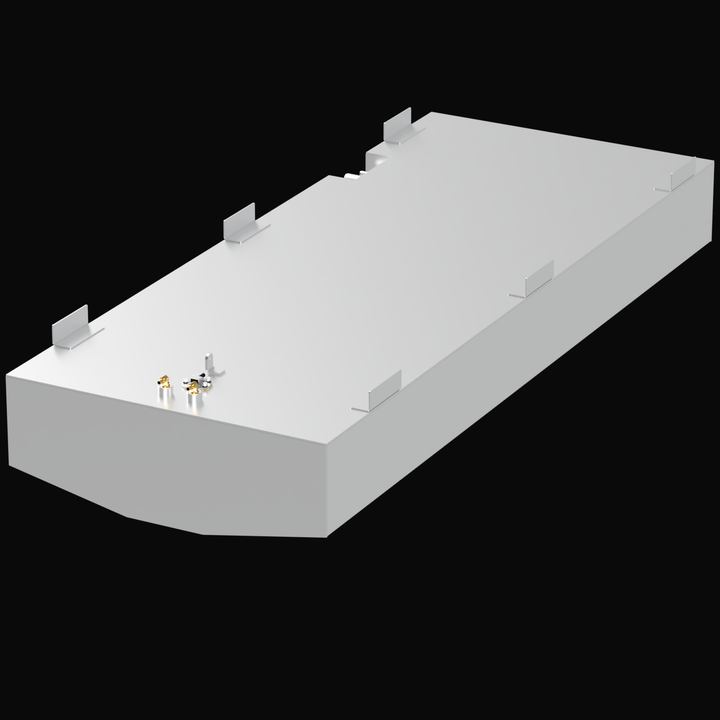 Isometric top-front view of a white custom marine fuel tank labeled for a Seabird 22' (1975) with a 121-gallon capacity. The tank has a uniquely angled front edge, eight mounting tabs along the sides, and a cluster of metallic fuel fittings on the top surface near the front end.