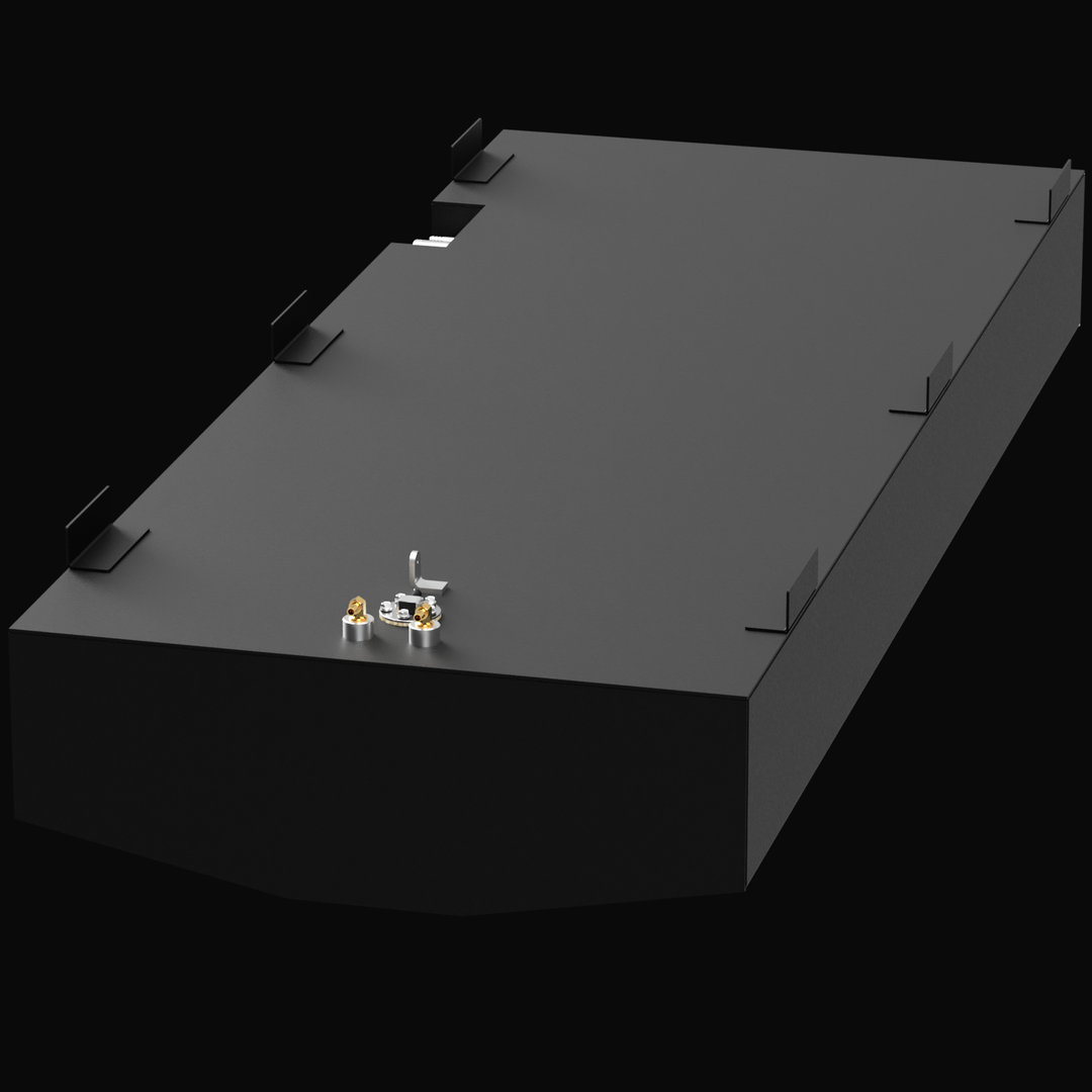 Isometric top-front view of a black marine fuel tank designed for a Seabird 22' 1975 model. The tank features an angled front edge, eight mounting tabs along the sides, and a cluster of brass and silver fuel fittings located on the top surface near the front.