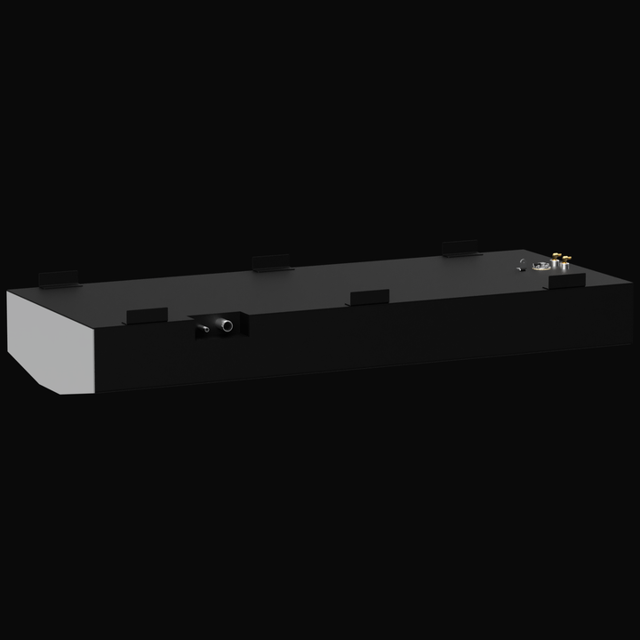 Rear isometric view of a black marine fuel tank featuring an angled corner, multiple side mounting tabs, and two hose ports on the back wall. The top surface includes a cluster of metallic and brass fuel fittings positioned near one end of the tank