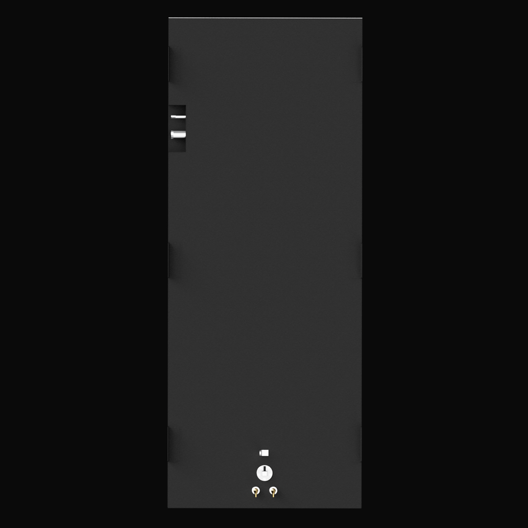 Top-down orthographic view of a black rectangular marine fuel tank showing fuel fittings and a gauge located near one end. Two brass connectors and a circular fuel level indicator are aligned on the surface, while a pair of hose ports is visible recessed along the tank’s edge. Mounting tabs are spaced along the sides.