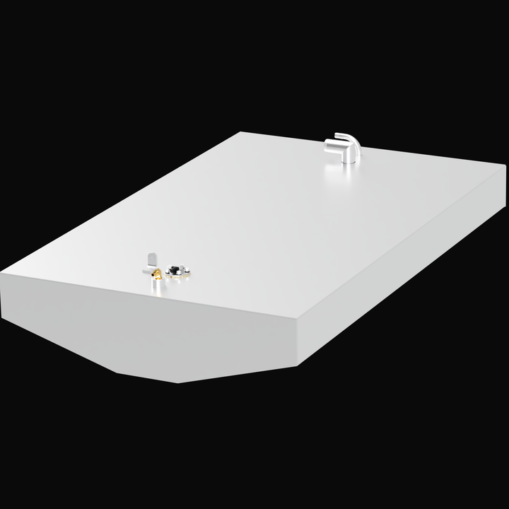 A rectangular, white fuel tank with a small outlet pipe on top and two fittings on the side, labeled for a SeaChaser with a capacity of 57 gallons. The tank is shown against a black background