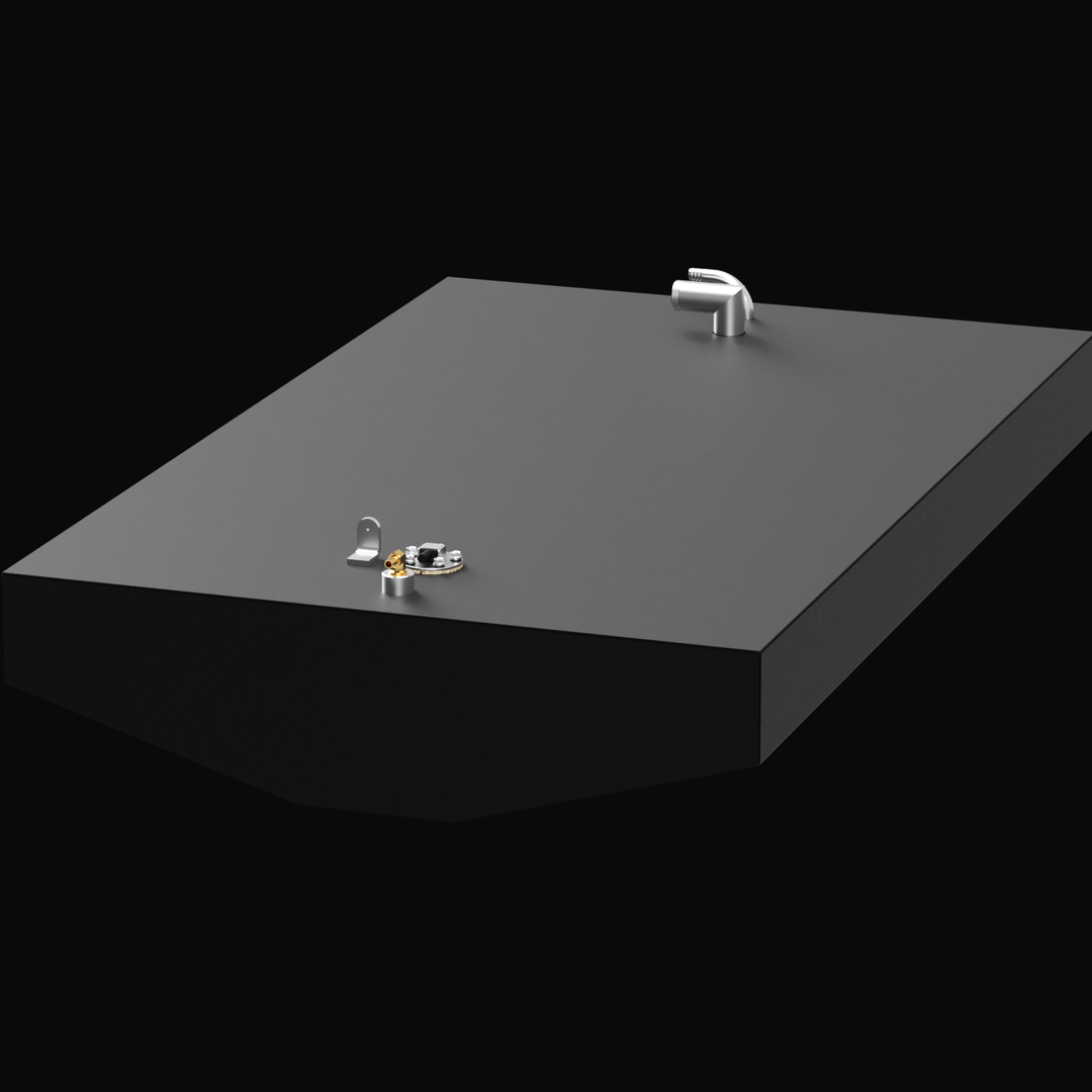 A rectangular, black fuel tank with a silver inlet pipe on top, several fittings and valves on the side, set against a black background