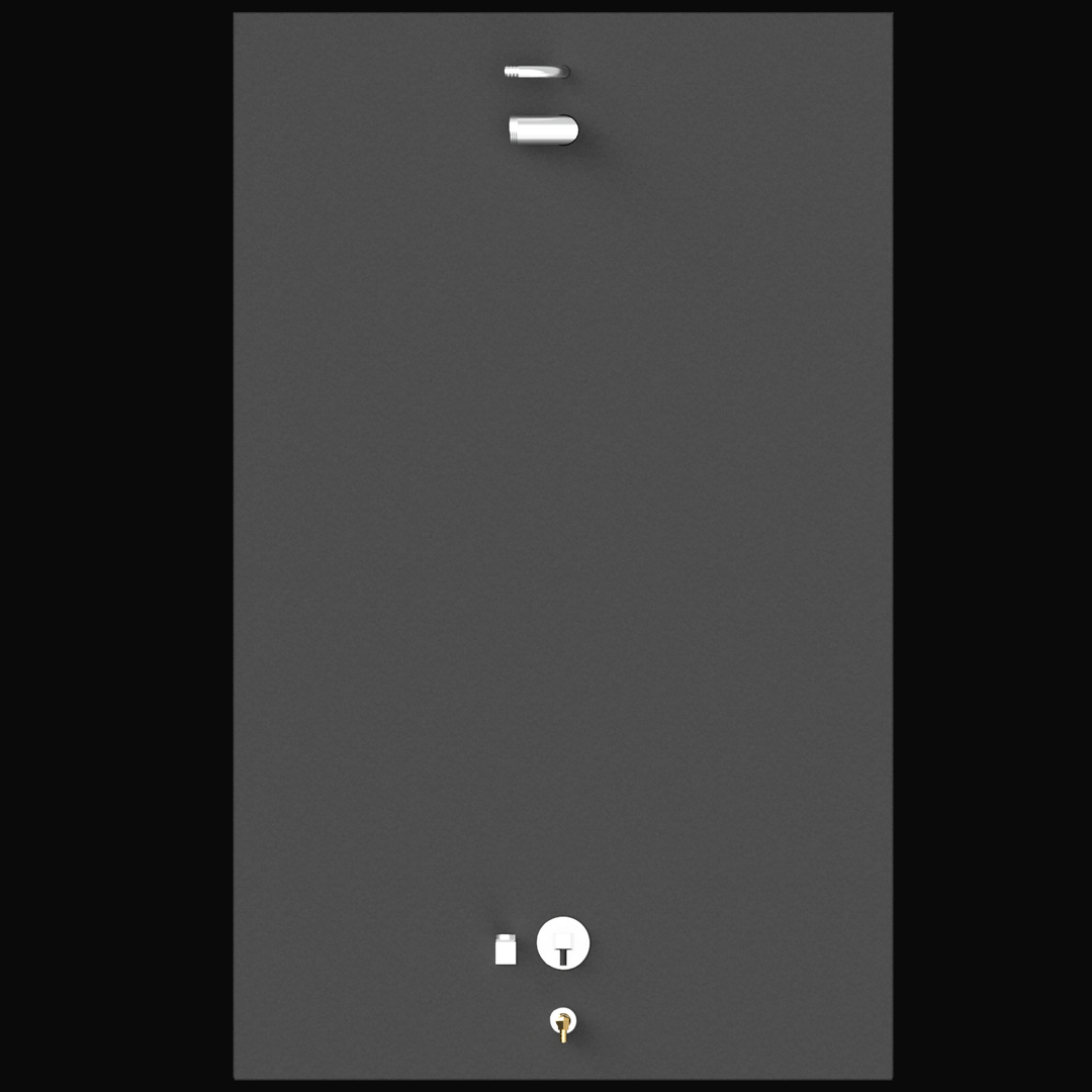 A gray background showing a vertical panel with multiple small fittings and valves at the top and bottom, including a small bottle icon, a circle with a T-shaped symbol, and a key icon near the bottom