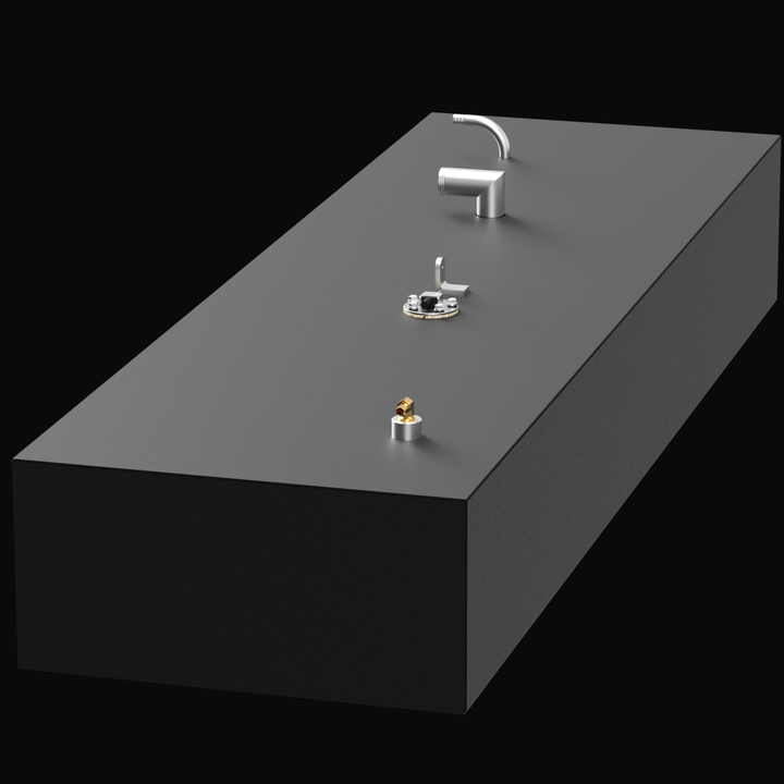 A 3D model of a rectangular fuel tank labeled for a Seacraft 20 from 1989, with a capacity of 60 gallons. The tank is gray with various fittings, including a pipe at the top, and is set against a black background