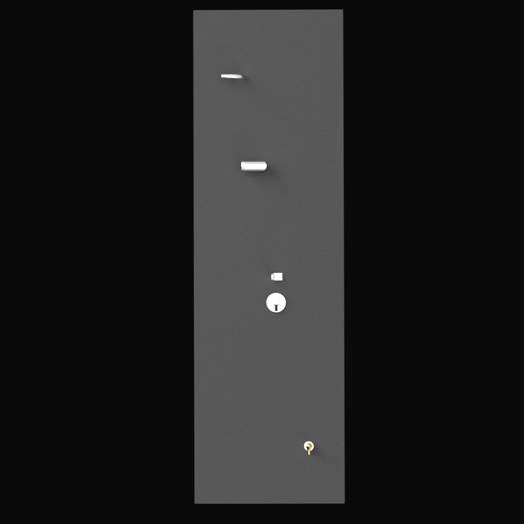 A vertical, rectangular, gray fuel tank panel with various fittings and controls. From top to bottom, it features a small horizontal lever, a larger horizontal knob, a round gauge or dial with a small square above it, and a small keyhole at the bottom. The background is black