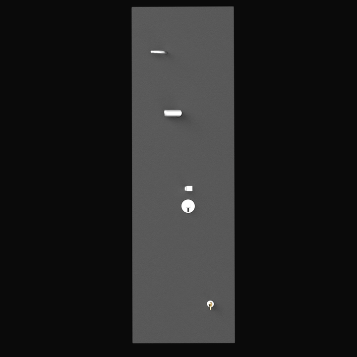A vertical, rectangular, gray fuel tank panel with various fittings and controls. From top to bottom, it features a small horizontal lever, a larger horizontal knob, a round gauge or dial with a small square above it, and a small keyhole at the bottom. The background is black