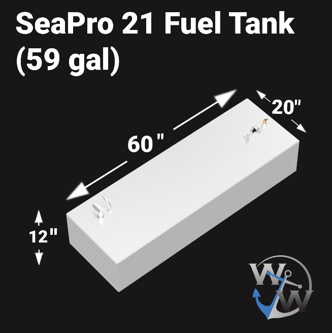 SeaPro 21 with a 59-gallon fuel tank, designed for inshore and offshore fishing with efficient fuel storage for extended trips