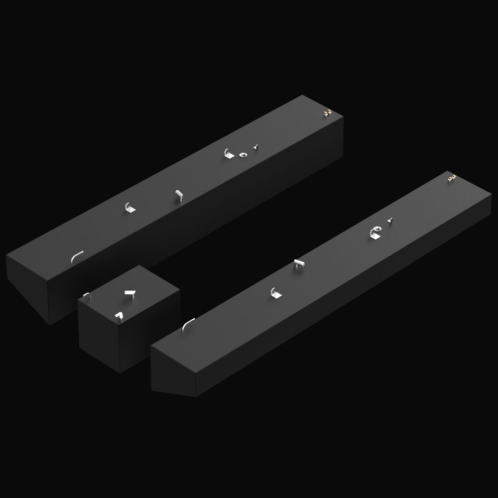 3D render showing a set of three black marine tanks on a black background. The set includes two long saddle tanks with rounded front edges and various fittings on top, and a smaller rectangular water tank positioned between them. The tanks have mounting brackets along the sides and different pipe fittings and caps on top. Text in the upper left reads: 'SeaVee 32' 2007 3-Tank Combo 2 x 168 gal. net Saddle Tanks & a 46 gal. net Water Tank Built to OEM Specs Fuel & Water Tank Kit.