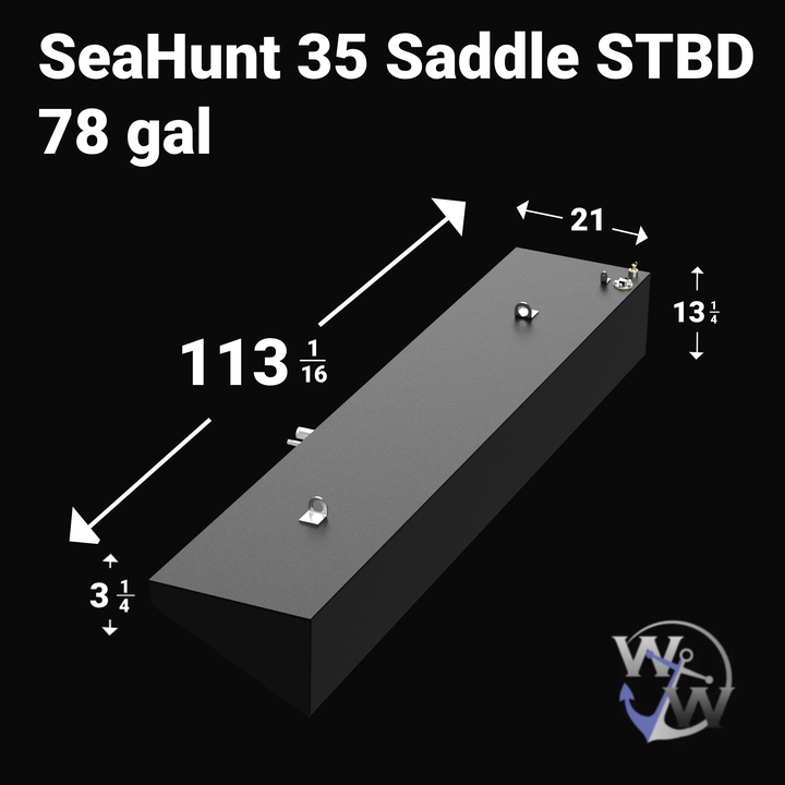 SeaHunt 35 with a 78-gallon starboard saddle fuel tank, designed for offshore fishing with reliable and efficient fuel storage on the starboard side