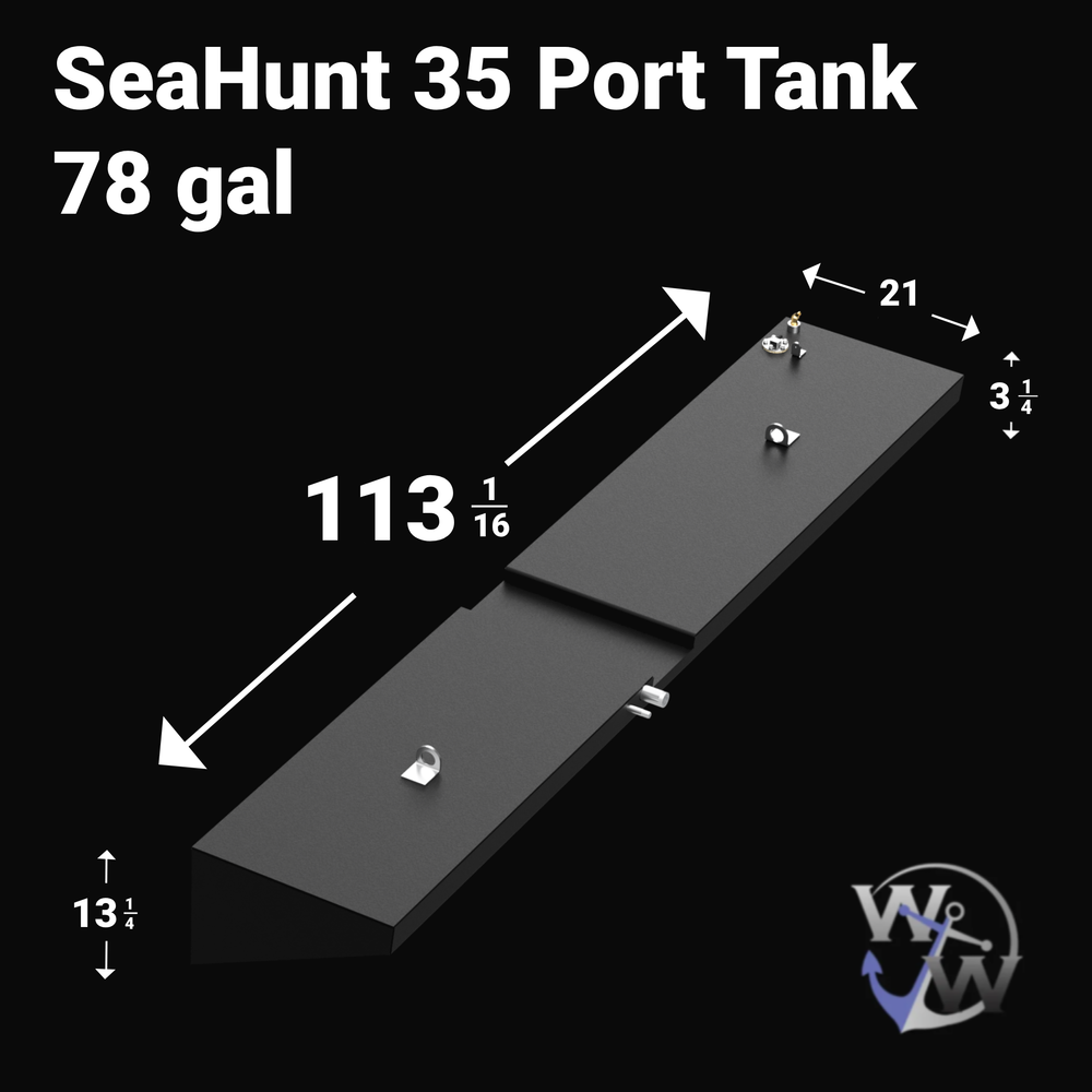 SeaHunt 35 with a 78-gallon port fuel tank, designed for offshore fishing with durable and efficient fuel storage on the port side