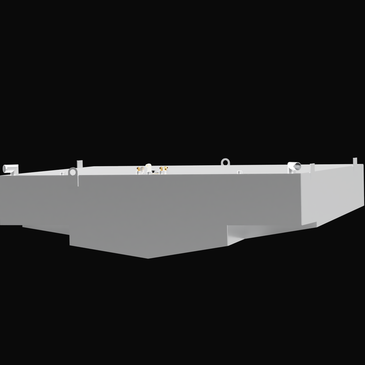 Side view of a 1994 SportsFisher 36' Gilliken diesel tank, featuring a capacity of 357 gallons, depicted in a simplified gray design against a black background. The tank includes mounting points and fittings on the top surface
