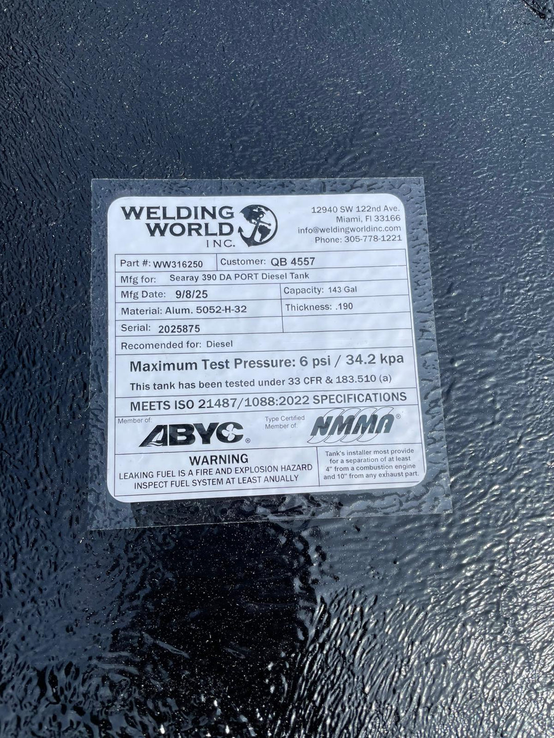 Sea Ray 380 DA & 390 DA Saddle Diesel Tank (143 gallon each) | oem replacement
