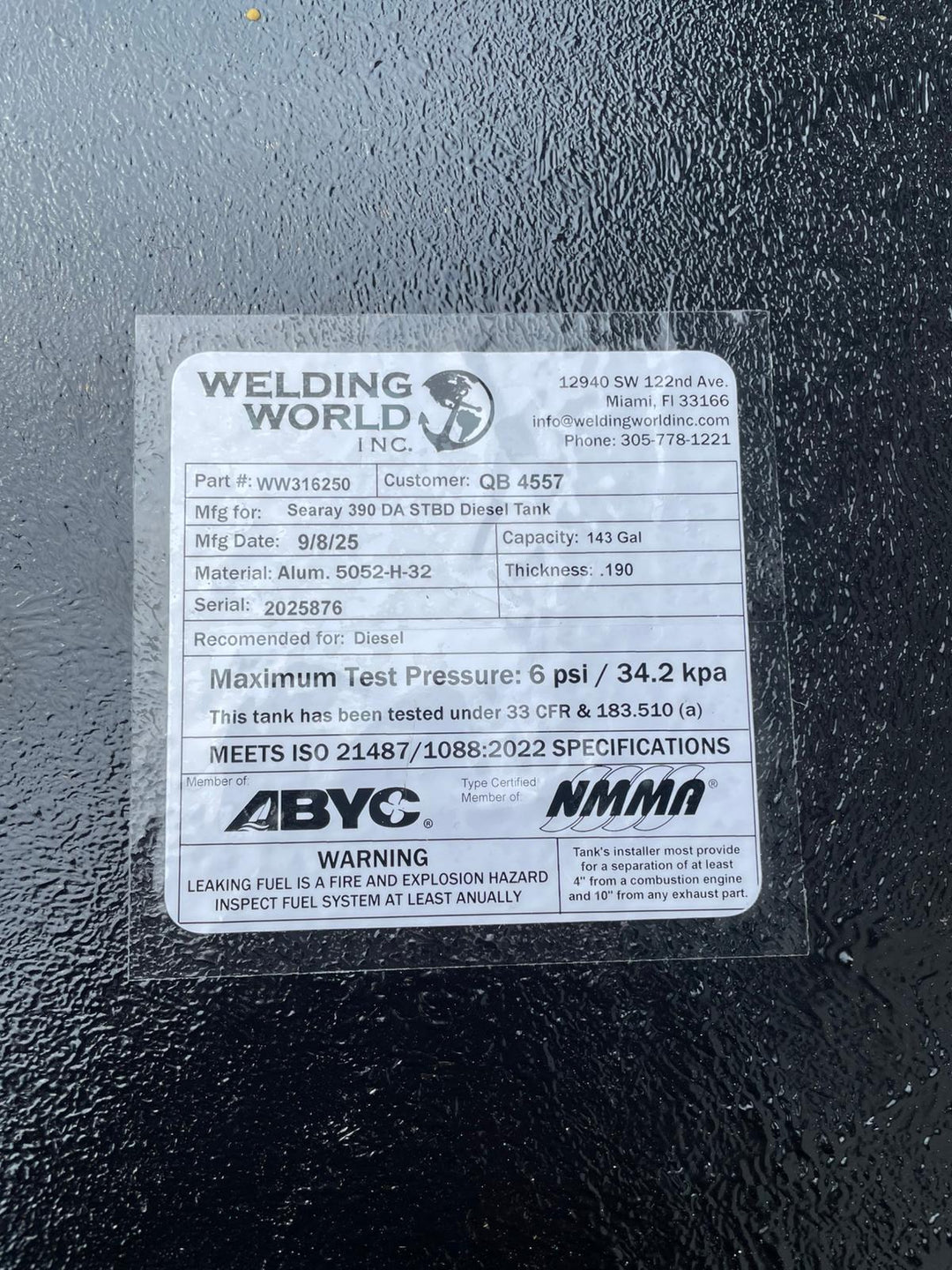 Sea Ray 380 DA & 390 DA Saddle Diesel Tank (143 gallon each) | oem replacement
