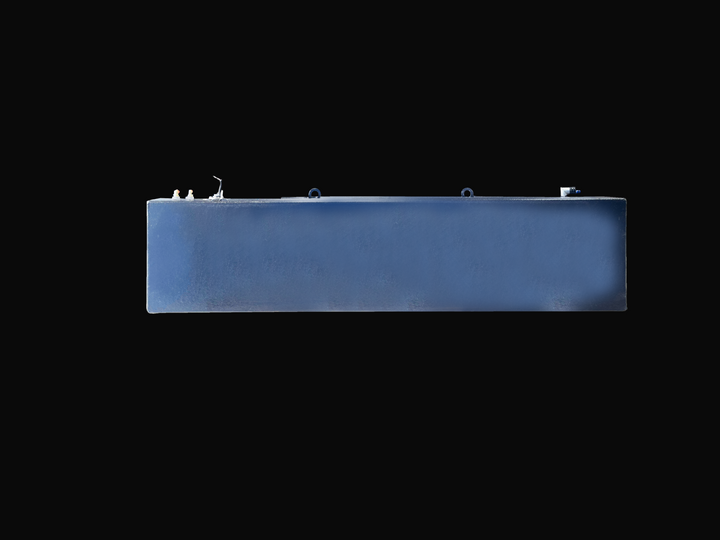 A long side profile photo of a dark blue, textured boat fuel tank, showing various fittings and D-rings on its top surface, against a black background.