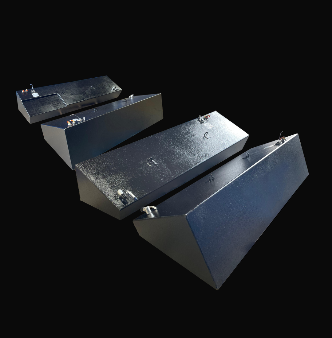 A photo of the SeaVee 4-Tank Combo (FWD Port & STBD / AFT Port & STBD) 39' OEM Replacement, showing all four dark, textured tanks arranged diagonally against a black background.