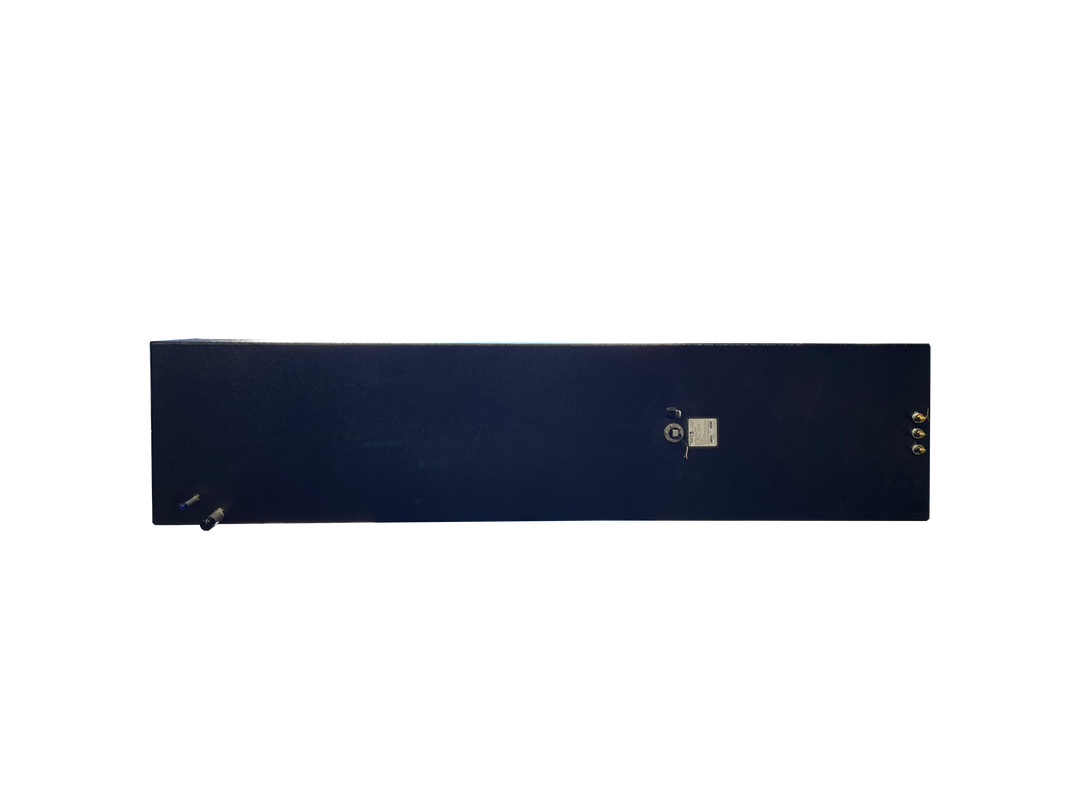 A direct top-down photo of a long, rectangular, dark-colored boat fuel tank, showing various brass and silver-colored fittings, and a specification plate on its textured surface, all against a transparent checkerboard background.