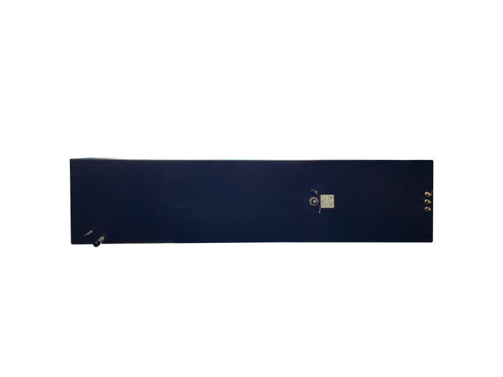 A direct top-down photo of a long, rectangular, dark-colored boat fuel tank, showing various brass and silver-colored fittings, and a specification plate on its textured surface, all against a transparent checkerboard background.