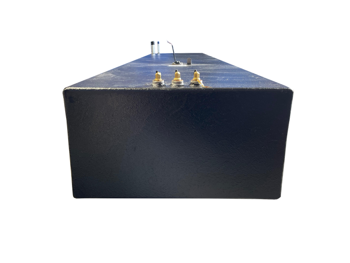 A low-angle photo of a long, dark blue, textured boat fuel tank, showing the end panel and top surface. Various fittings are visible, including three brass-colored fittings, a fuel sending unit, and two tall silver pipes, all against a transparent checkerboard background.
